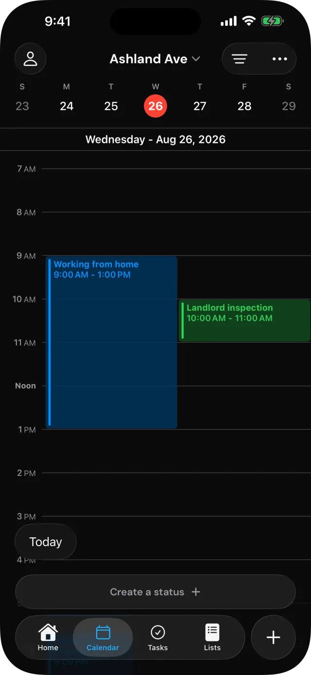 RoomAid day-timeline calendar with two overlapping events laid out side by side