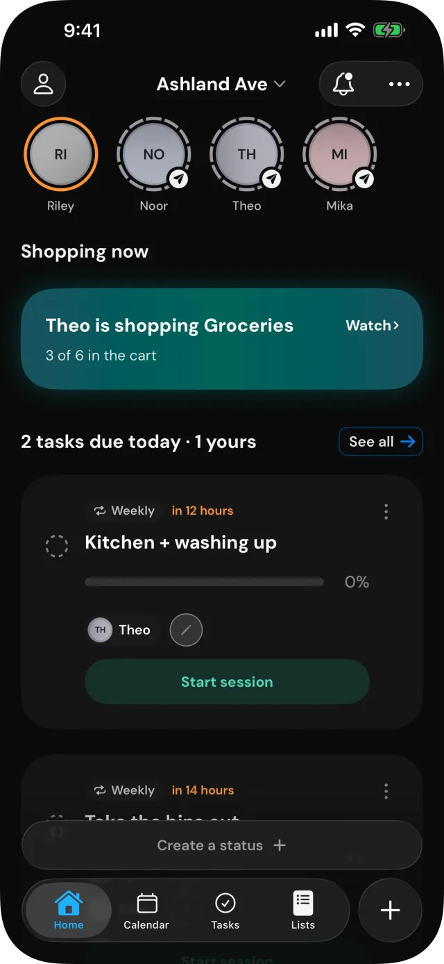 RoomAid home screen showing a shopping trip in progress and tasks due today