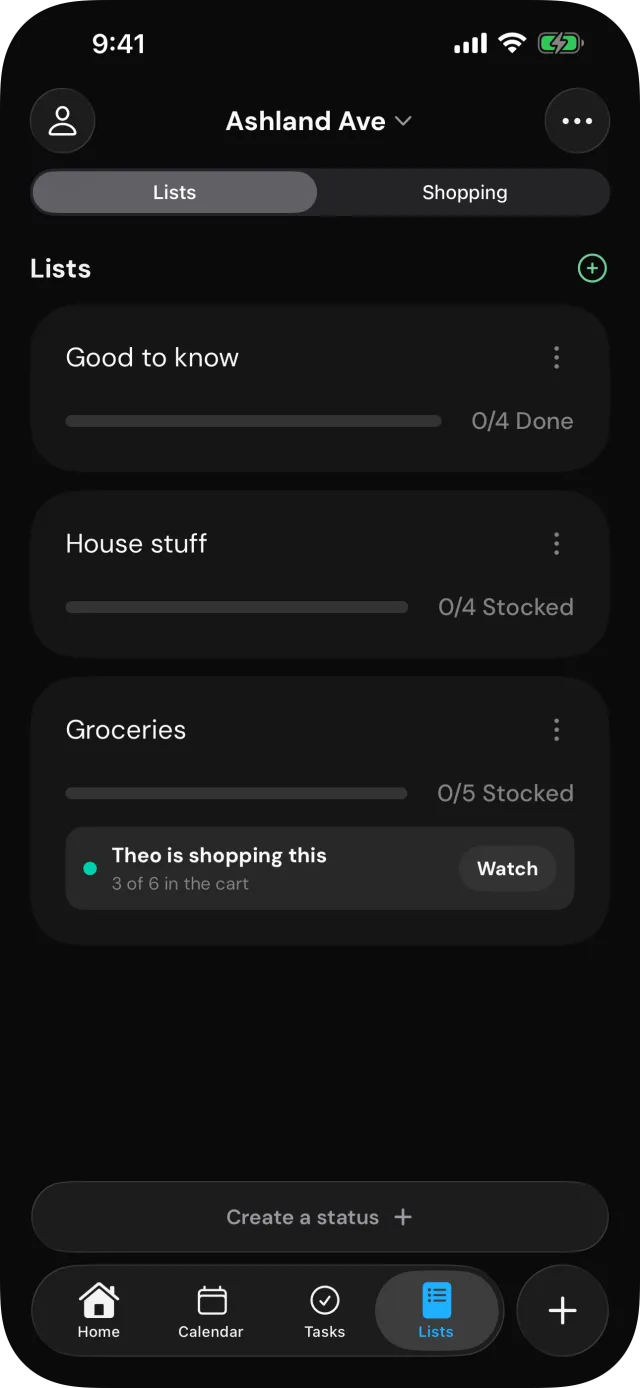 RoomAid lists screen showing shared household lists and their stocked state