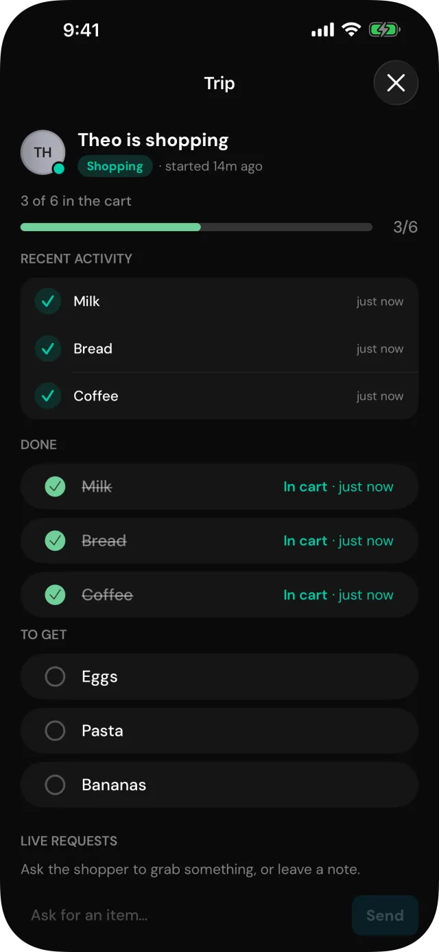 RoomAid live shopping trip with items being checked off in real time