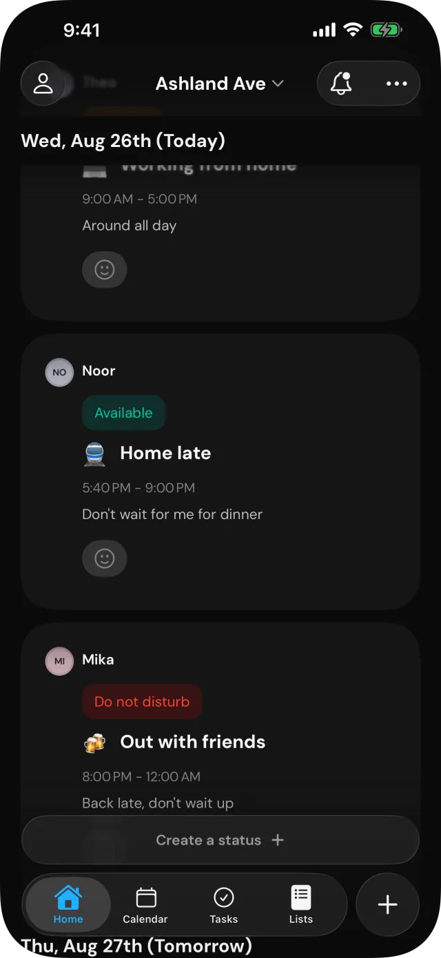 RoomAid status feed showing each housemate's availability for the day