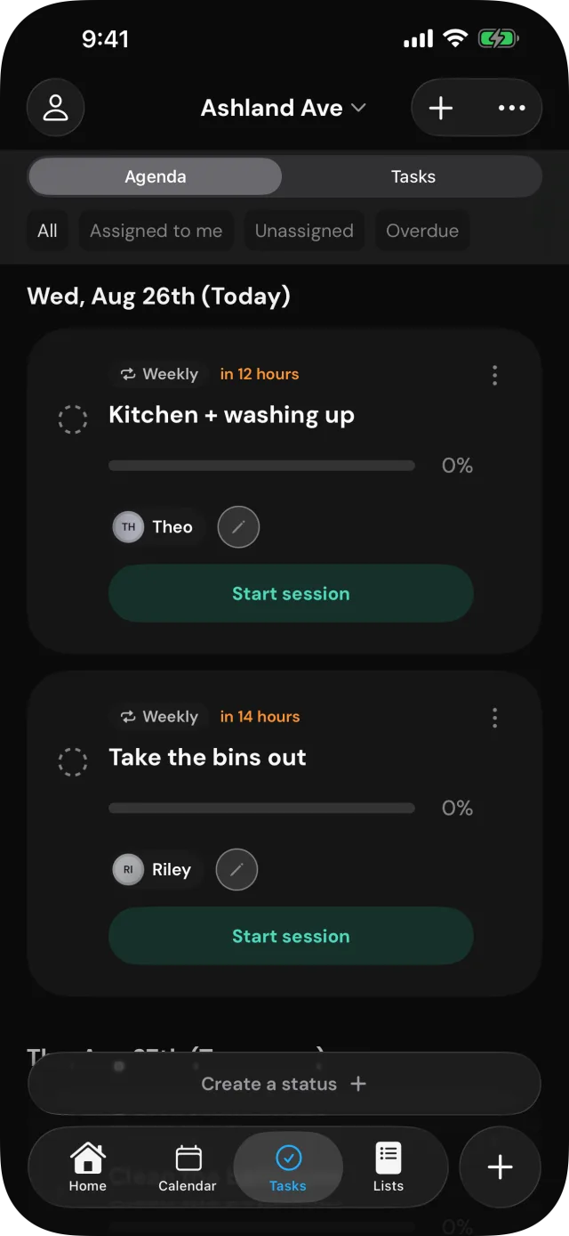RoomAid task agenda showing recurring chores with assignees and progress